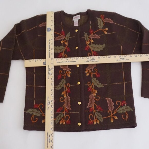 VTG Crystal Kobe Brown Leaf Vine Embroidered Plaid Knit Gold Button Cardigan S - Picture 3 of 9
